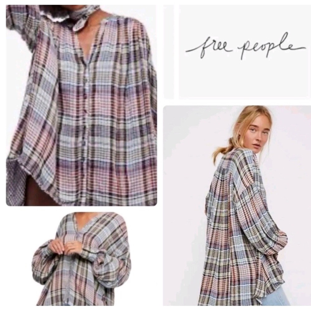 Free People Come on Over Plaid Boho Gauze Blouse Button Front Flowy Oversized XS